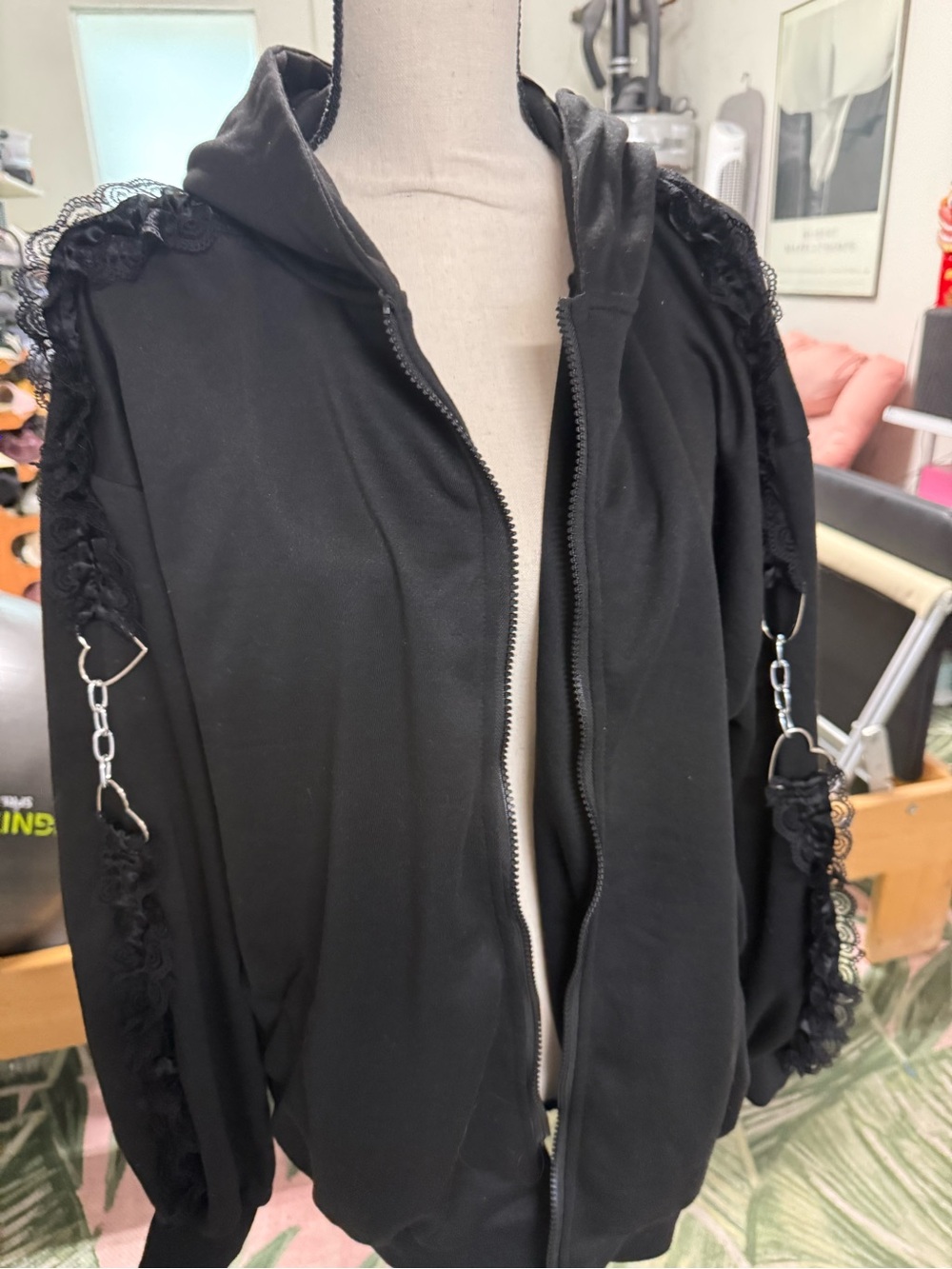 Black Lace-Trim Hooded Bomber Jacket with Chain Accents